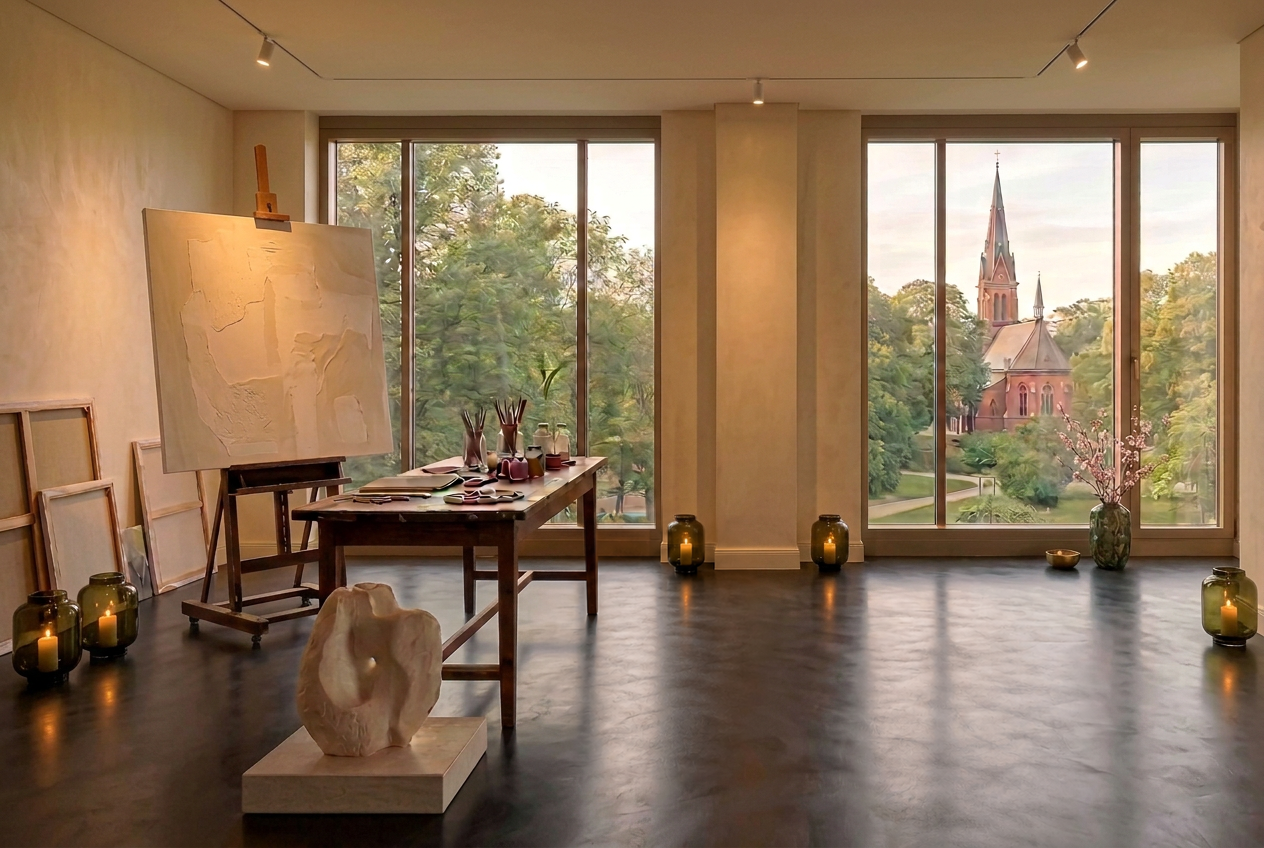 The atelier in Stockholm, with a large painting on the easel and a sculpture on the floor