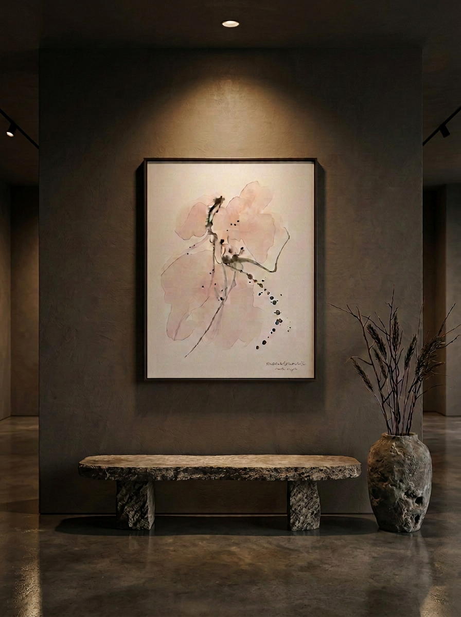 The Bouclé Salon, Watercolour and ink on cotton paper, 2026, original work by Amela Aiiyah Zetterberg