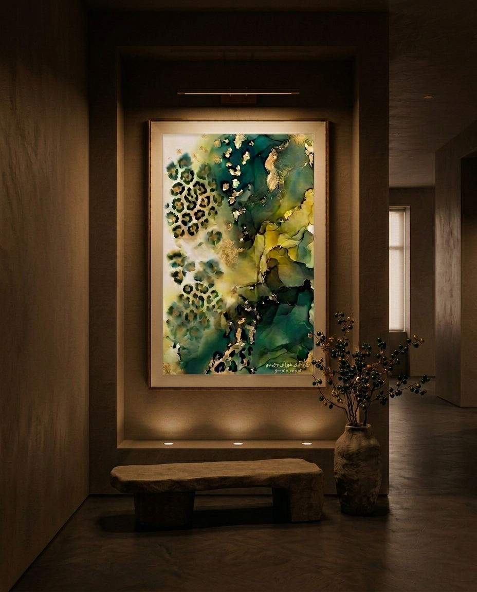 Emerald Drift, Gold leaf and pigment on canvas, 2026, original work by Amela Aiiyah Zetterberg